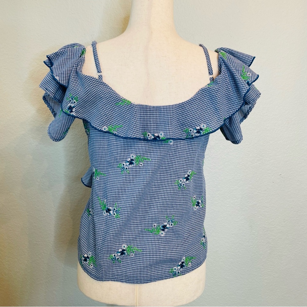 Gypsies & Moondust Blue White Gingham Floral Embroidered Off Shoulder | Small - Picture 6 of 6